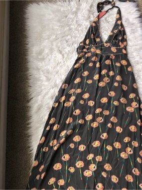 Corey Lynn Carter 100% Silk Grey Halter Maxi Dress with Peach Flowers